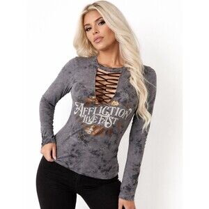 Affliction Live Fast Lace Up Top Gray Burnout Long Sleeve Grunge Bikercore S